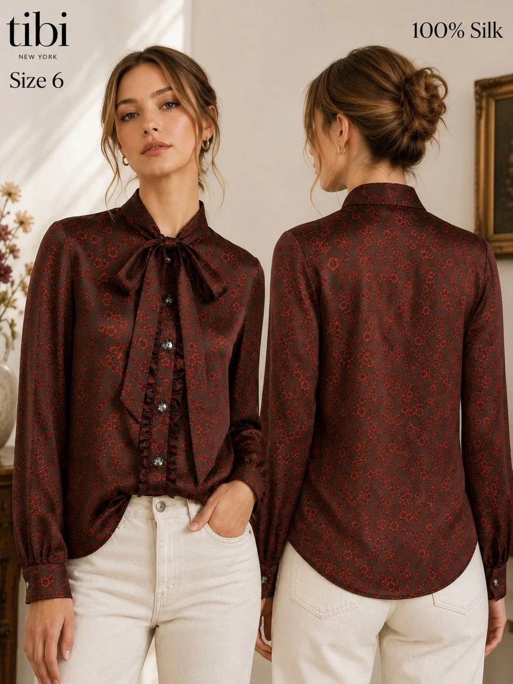 TIBI blouse  Womens 6 silk Floral Tie Neck Ruffle Romantic Dark Academia office